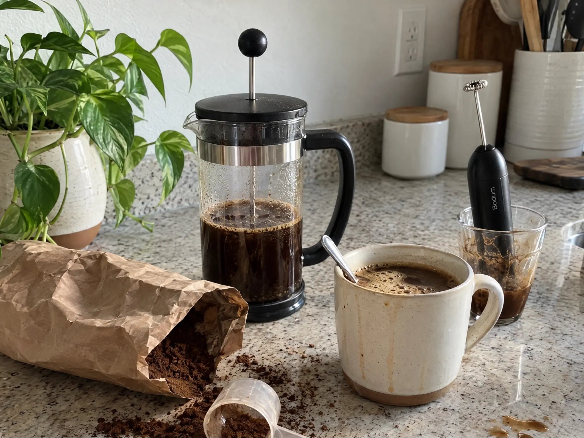 French press, coffee cup and spilled mushroom-coffee powder on a kitchen counter