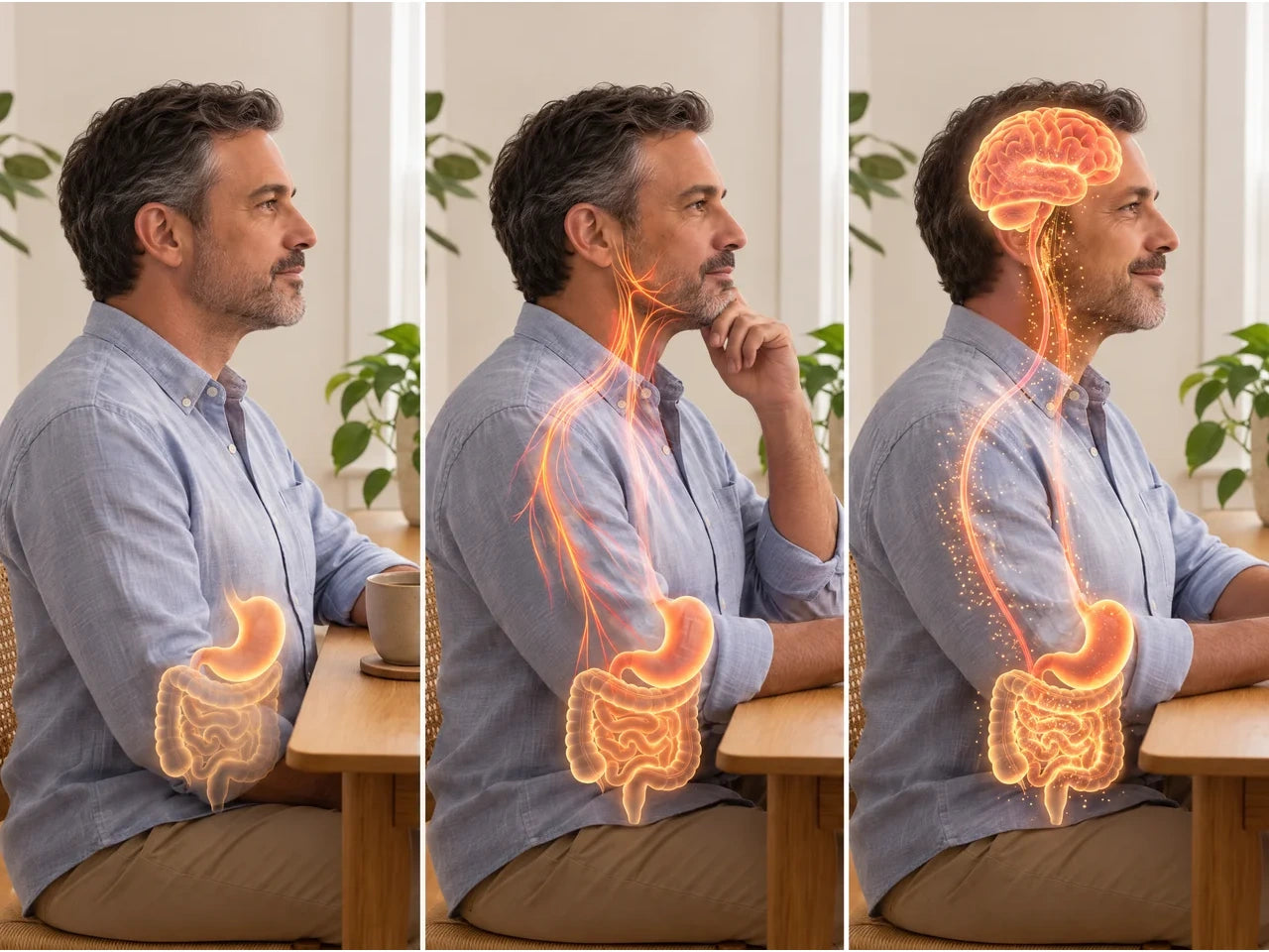 Three-panel educational illustration of communication between the gut and brain