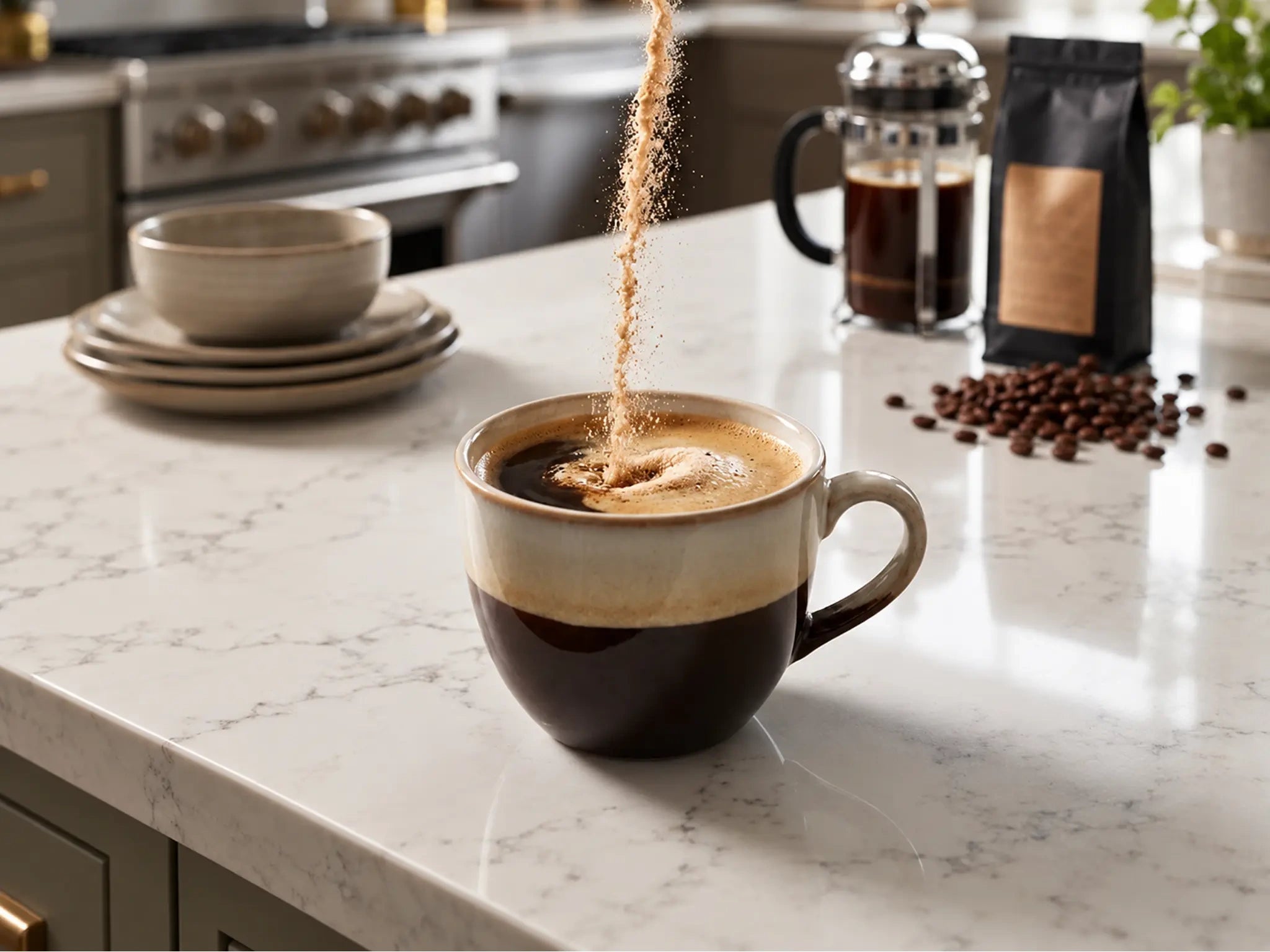 Powder being poured into a cup of coffee on a kitchen counter