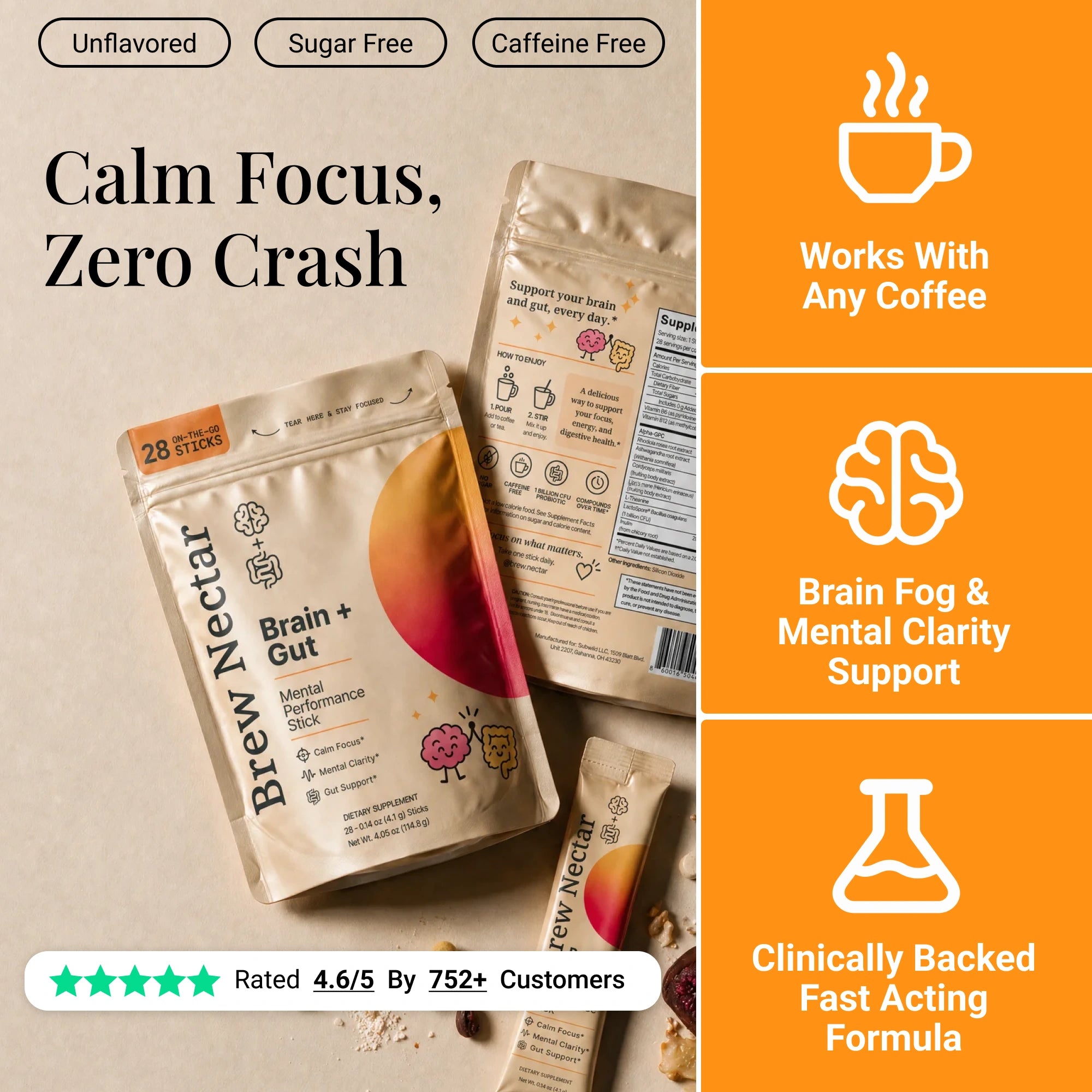 BrewNectar Stick Packs with unflavored, sugar-free and caffeine-free product highlights