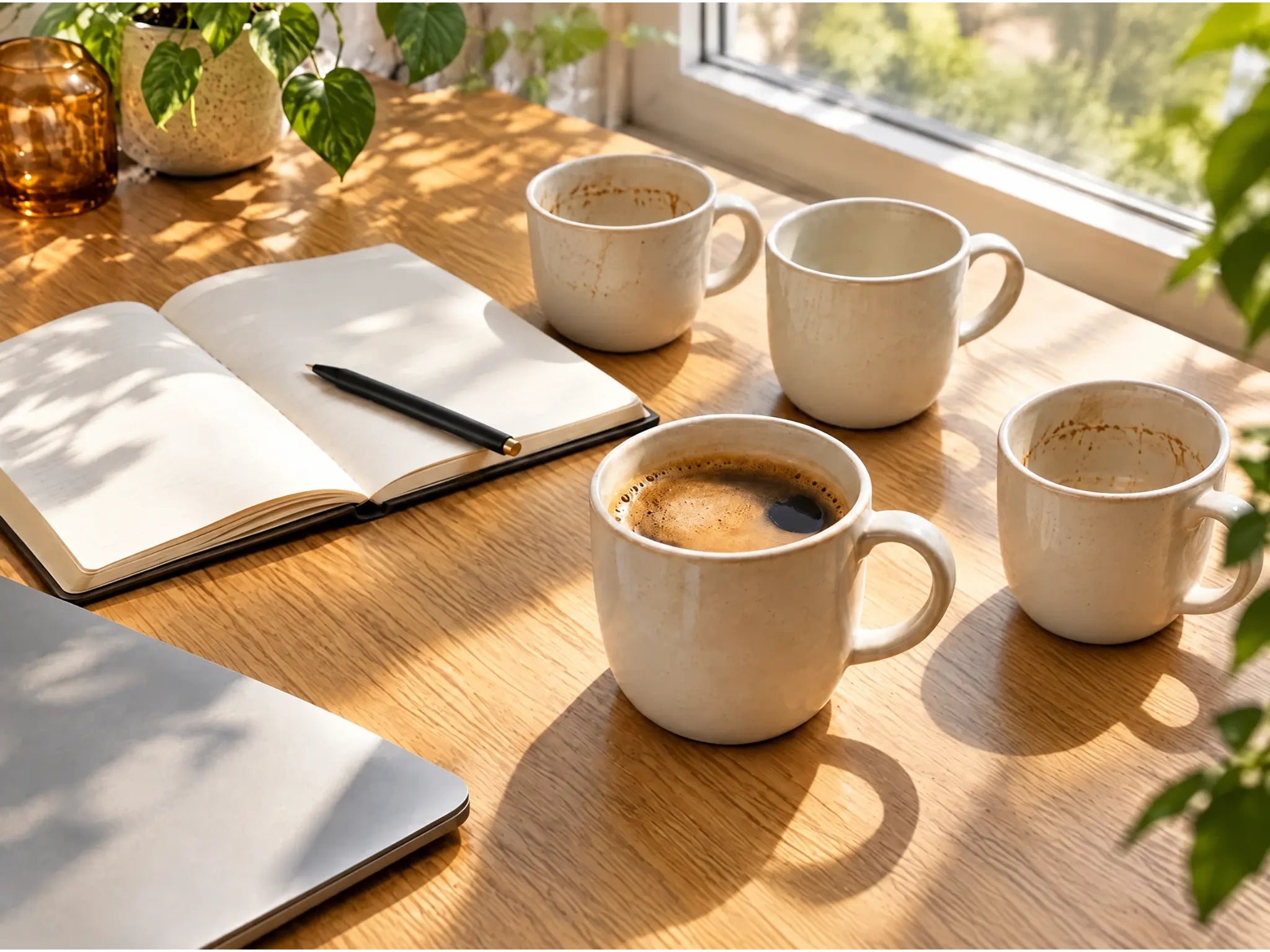 Coffee cups and an open notebook on a sunlit desk