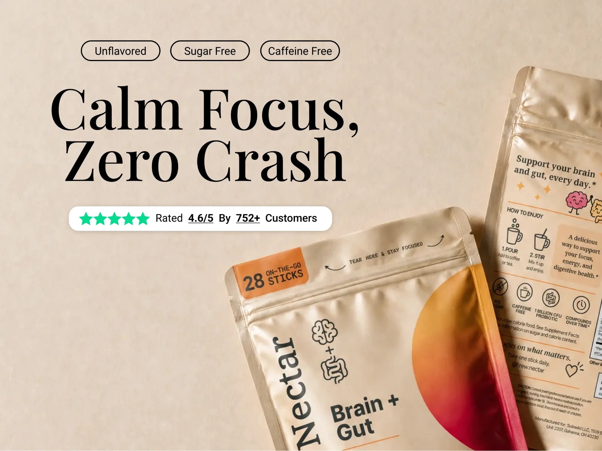 BrewNectar stick-pack bags with unflavored, sugar-free and caffeine-free callouts