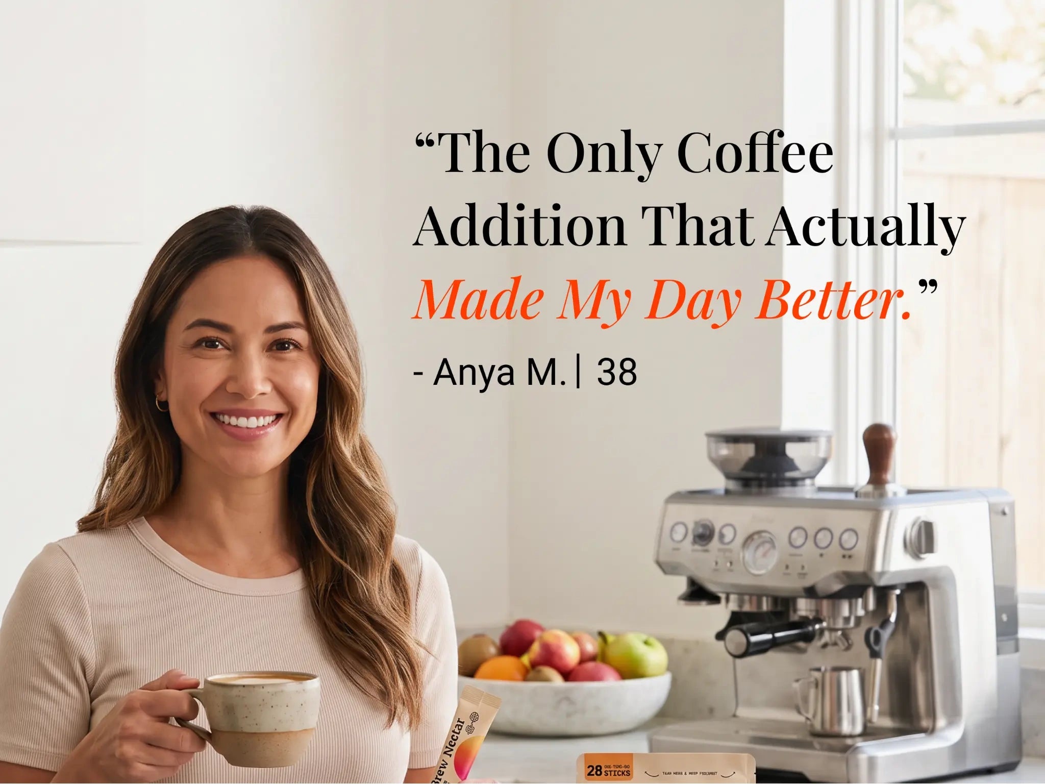 Customer quote artwork from Anya M. beside coffee and BrewNectar stick packs