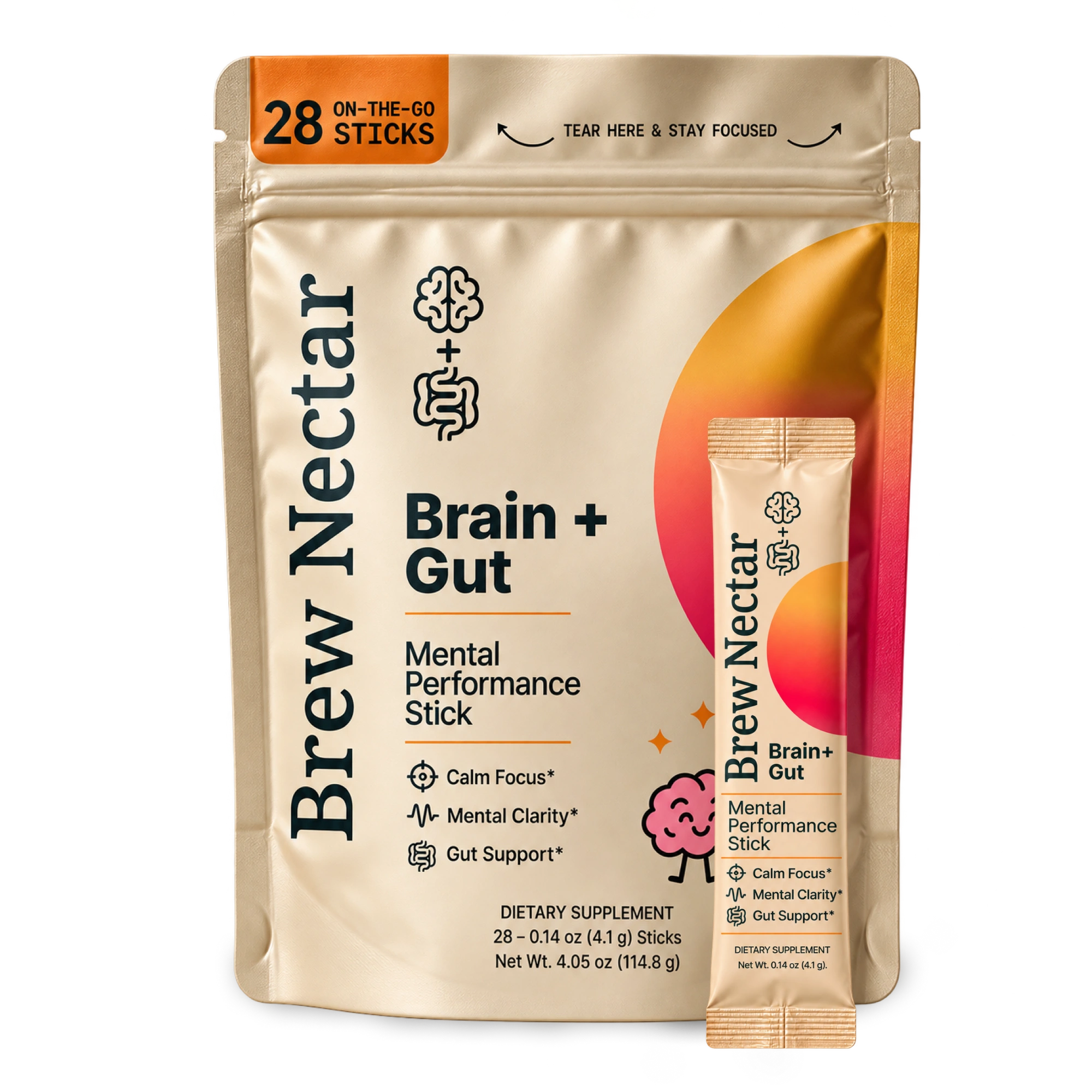 BrewNectar Brain + Gut stick-pack bag and individual stick pack
